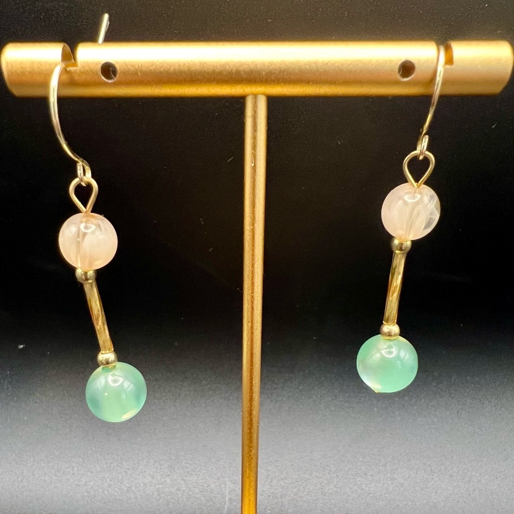 Elegant Gold and Green and Pink Bead Dangle Earrings